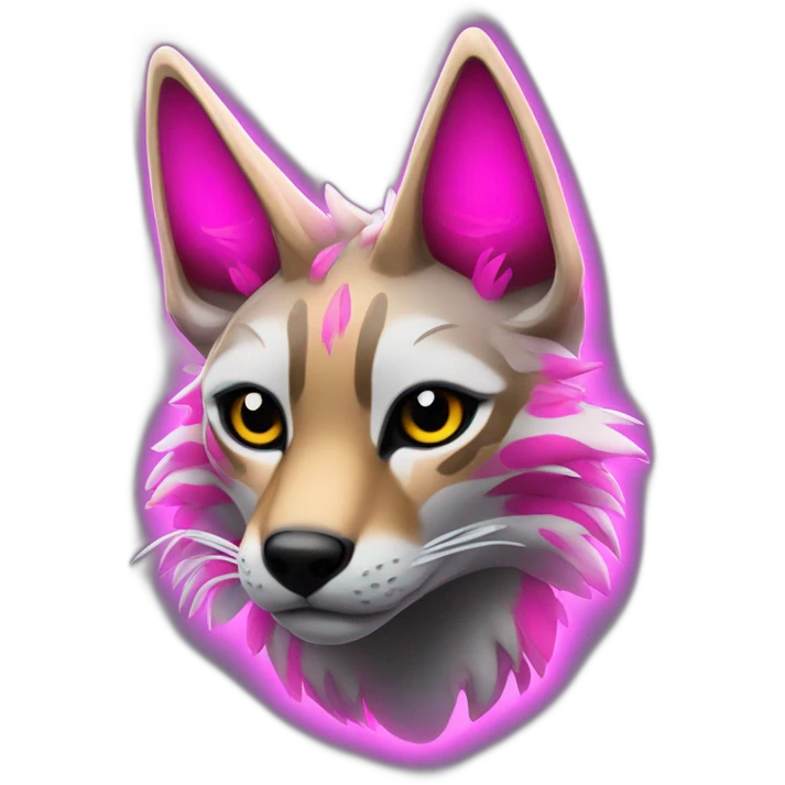 Coyote ocelot with grey and black fur and phoenix wings and pink ears, neon lights emoji