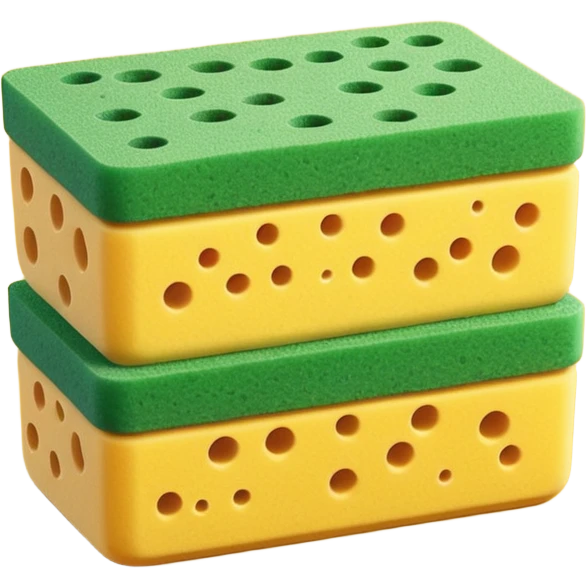 two kitchen sponges, rectangular with rounded edges, stacked or overlapping, yellow porous base, green scrub top, springy texture, tiny holes, no soap or hands, no faces, clean 3D, soft shadows, transparent background, emoji scale emoji