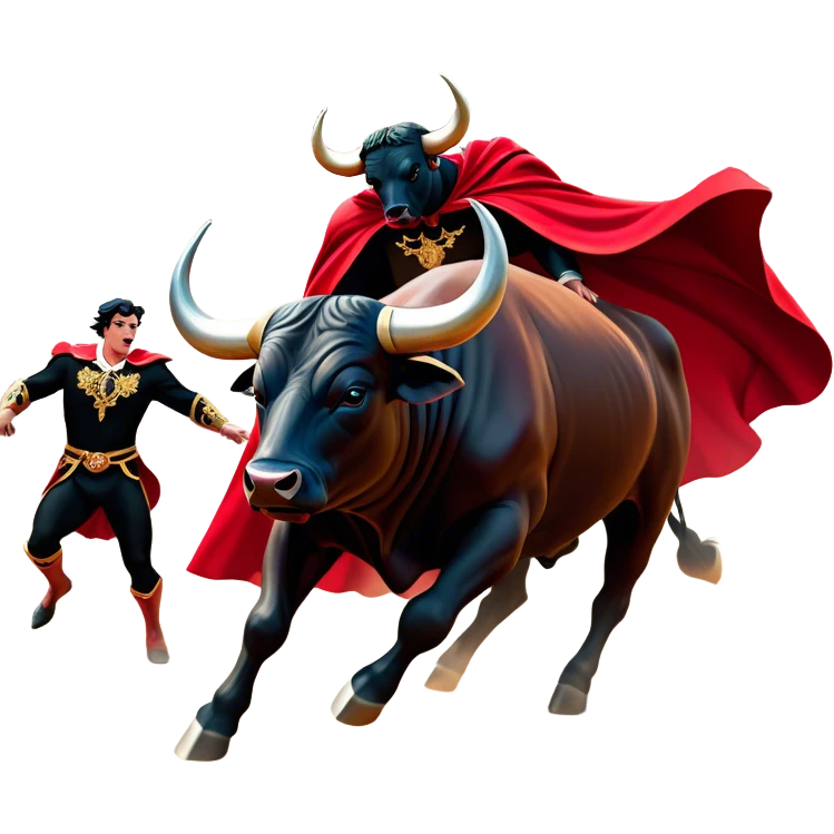 ​Cinematic Realistic black charging bull, against a matador depicted in a flowing red cape, captured in the dramatic moment of confronting a charging bull in a traditional bullring, rendered with dynamic motion and dramatic lighting that encapsulates the intensity and artistry of the spectacle, emoji