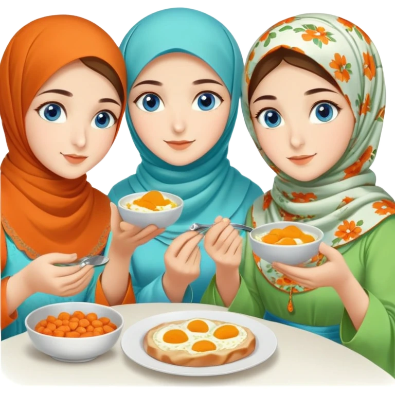 Four sister Turkish girls beautiful finish Konya blue eyes with orange floral hijab and light green dress and make turkish Breakfast emoji