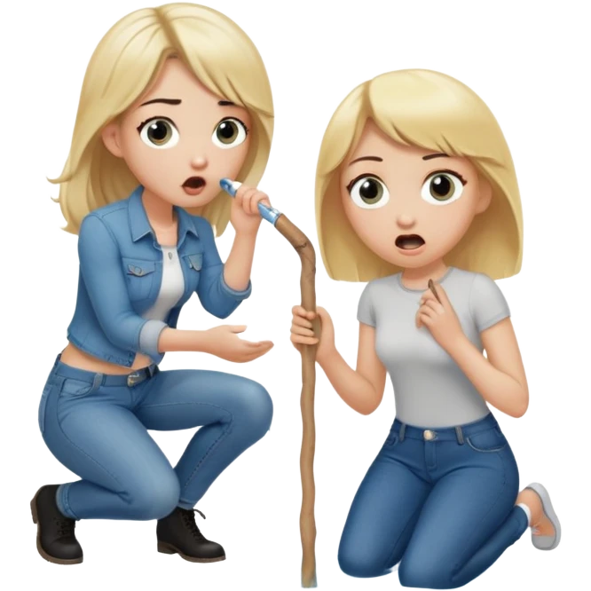 blond woman sitting on her knees with wide eyes, another man in jeans stands on her left, she's holding a wide skin-colored stick with a D-shaped knob, the stick and the nob have skin texture, water squirting from the knob into her mouth, shocked face emoji
