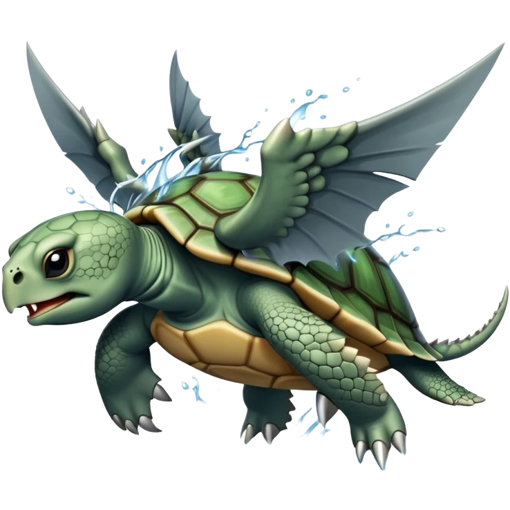 A fierce turtle with sharp spikes on its shell, dragon wings, sharp fangs, fierce claws, shooting a powerful water jet and steam from its mouth emoji