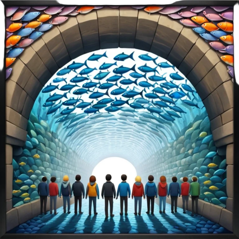 des gens qui sont dans un tunnele et les parois c'est des poissons  emoji