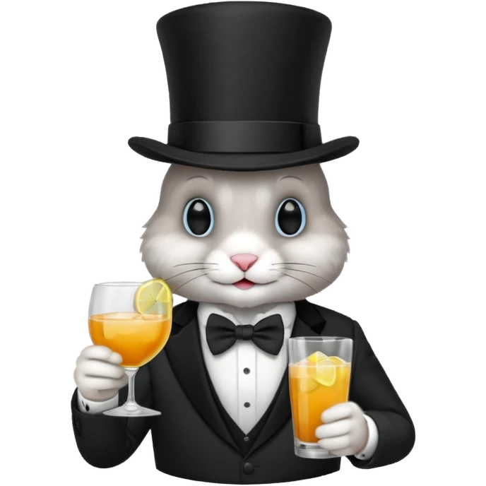 rabbit wearing suit, bowtie and top hat, holding glass of drink emoji