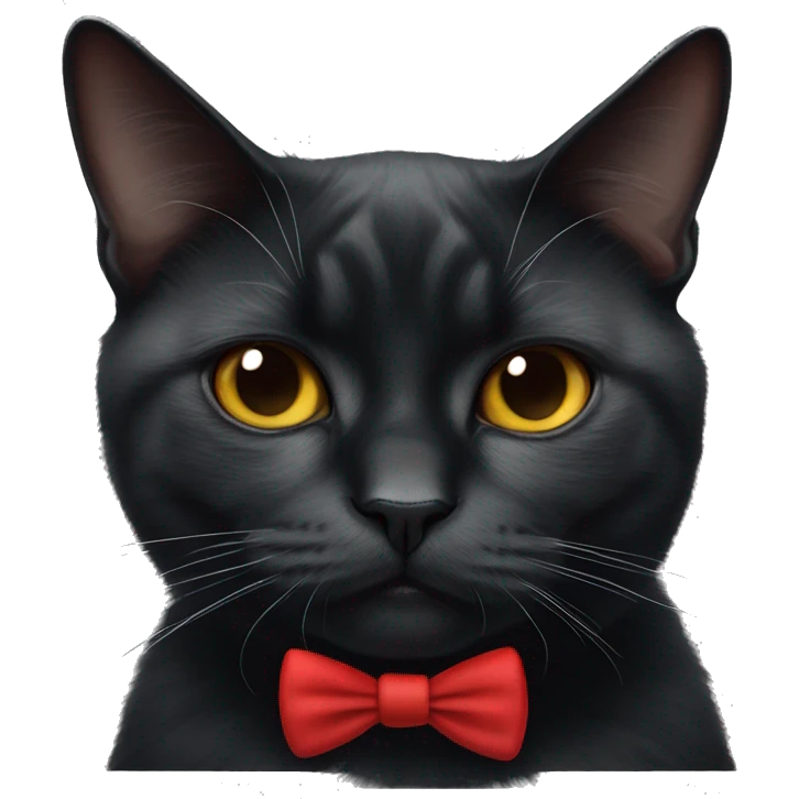 Grumpy black cat with white triangle marking only under the  chin ( nose is back, nose bridge is black) wearing a red bow tie  emoji
