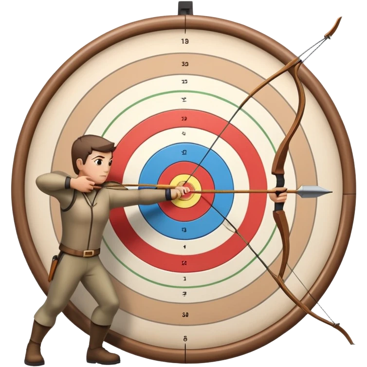 An archer pulling back a bowstring, aiming at a target in the distance. The target features concentric rings, and the scene conveys focus and precision. The background captures the essence of an outdoor archery range, highlighting skill and concentration in the sport. emoji