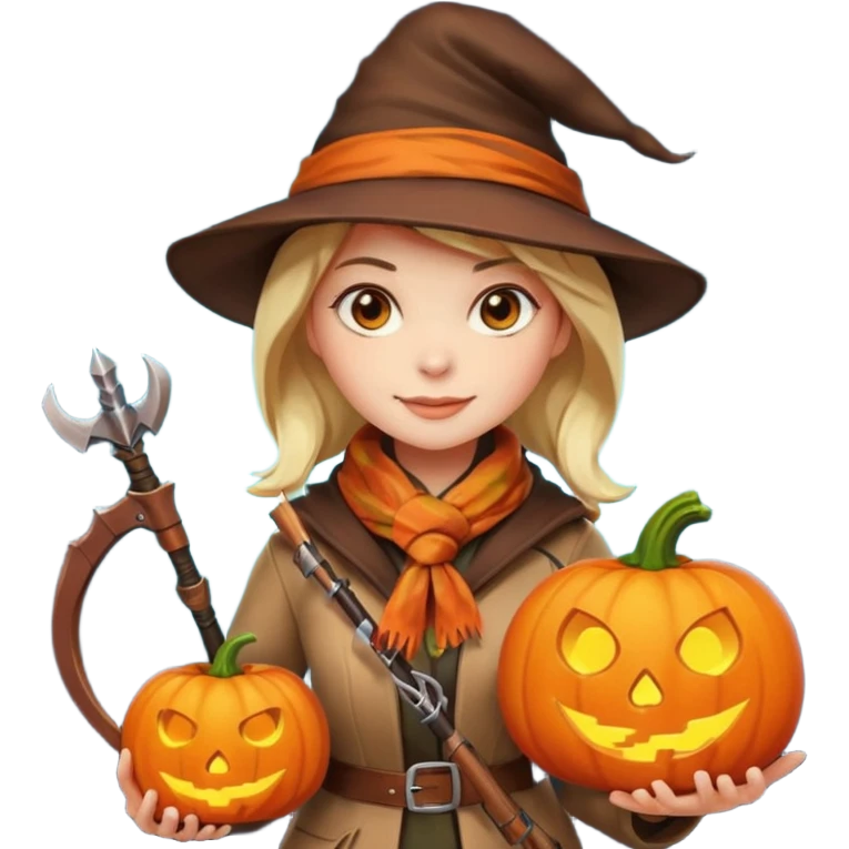 female human monster hunter emoji, wearing brown coat and hat, holding crossbow, soft smile, scarf, glowing pumpkin by her side, Halloween fantasy style, clean vector Apple emoji look, bright colors, white background, square emoji