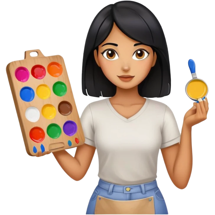 painting, artist, black hair tanned woman, paint pallet colors emoji