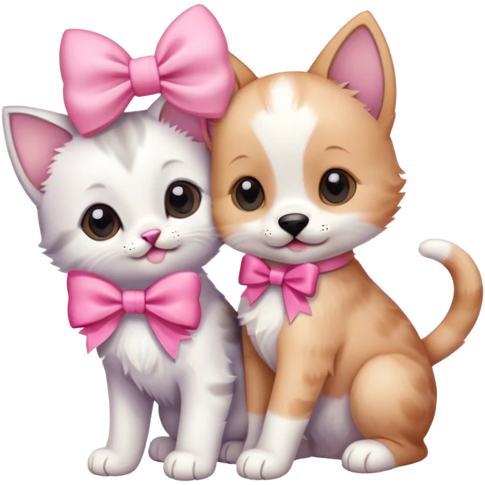 a kitten and a puppy together with a pink bow emoji