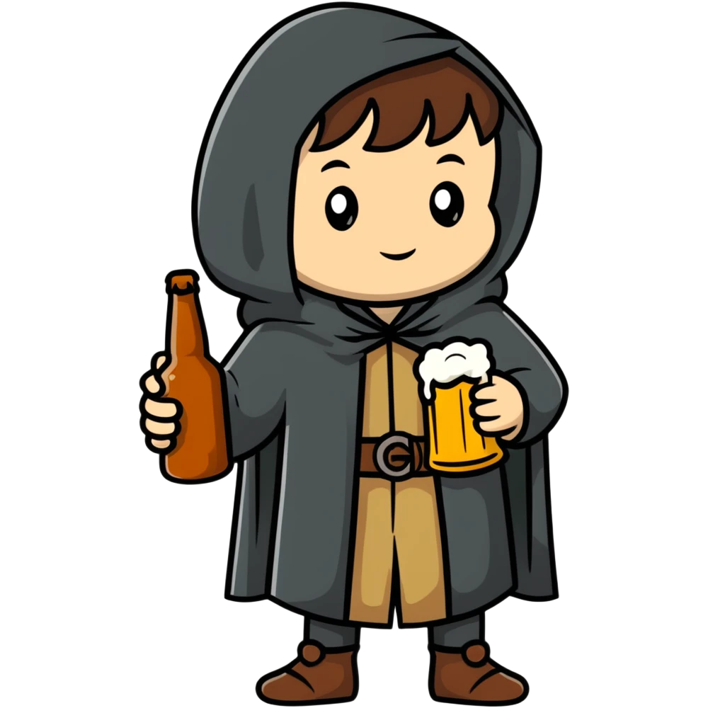 young medieval pilgrim with cloak and beer bottle emoji