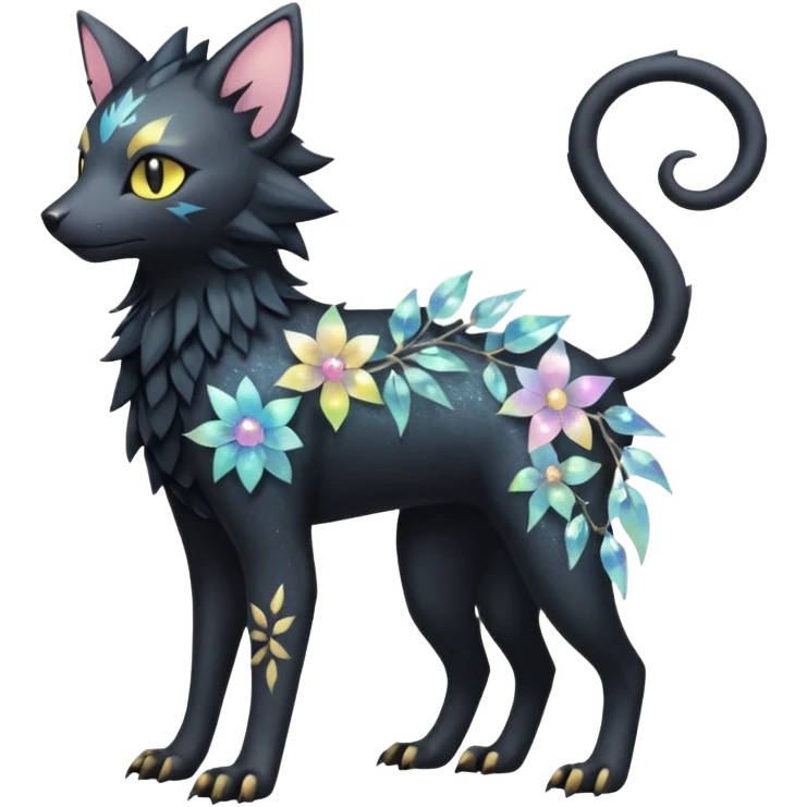 Multicolored sparkly pastel dark iridescent light pale gloomy spooky cute adorable pretty cool elegant realistic floral exotic Trico-Bolthund-Luxray-hybrid, full body emoji