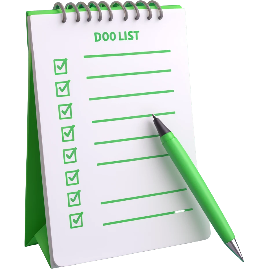3D style to-do list with all items checked off in green, pen resting beside the list, soft shadows, realistic details emoji