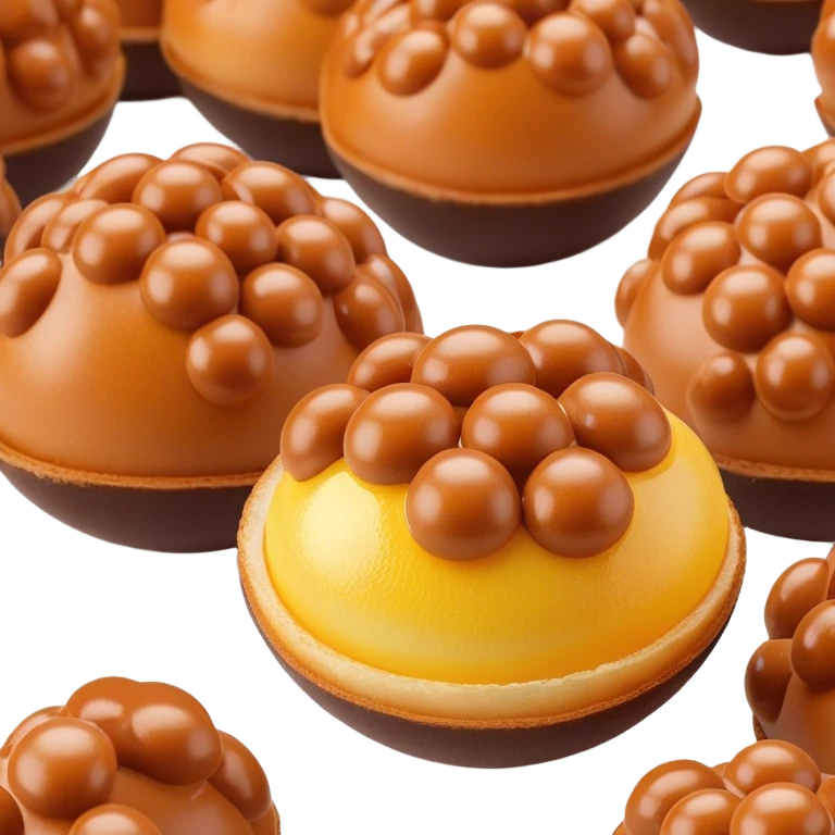 3D rendered chocolate Hong Kong egg puffs (鸡蛋仔) with distinctive spherical bubble texture, deep brown color, hyper-realistic bubbles, glossy candy-like finish, detailed texture emoji