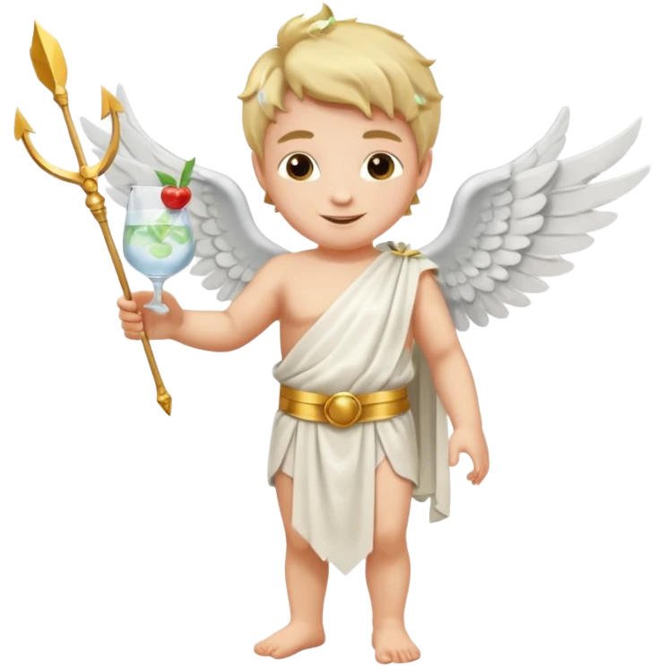 Cupid (with wings) with his arrow in his right hand, mixing a glass of Gin Tonic in his left hand emoji