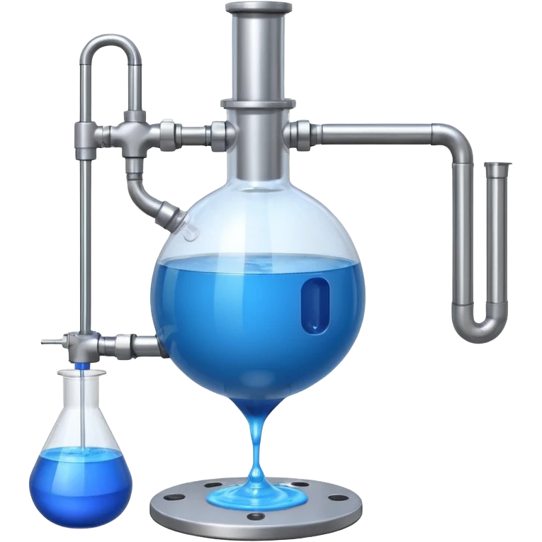 large laboratory reactor vessel, filled with blue liquid, with a stirrer, inlet and outlet emoji