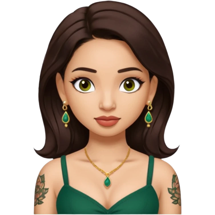 pretty bratz genmoji that looks like tamannah bhatia (bollywood actress), wearing a dark green sweetheart neckline top, dark brown hair, light makeup, no necklace, dangly earrings, side hair part, dark brown eyes, with tattoos emoji
