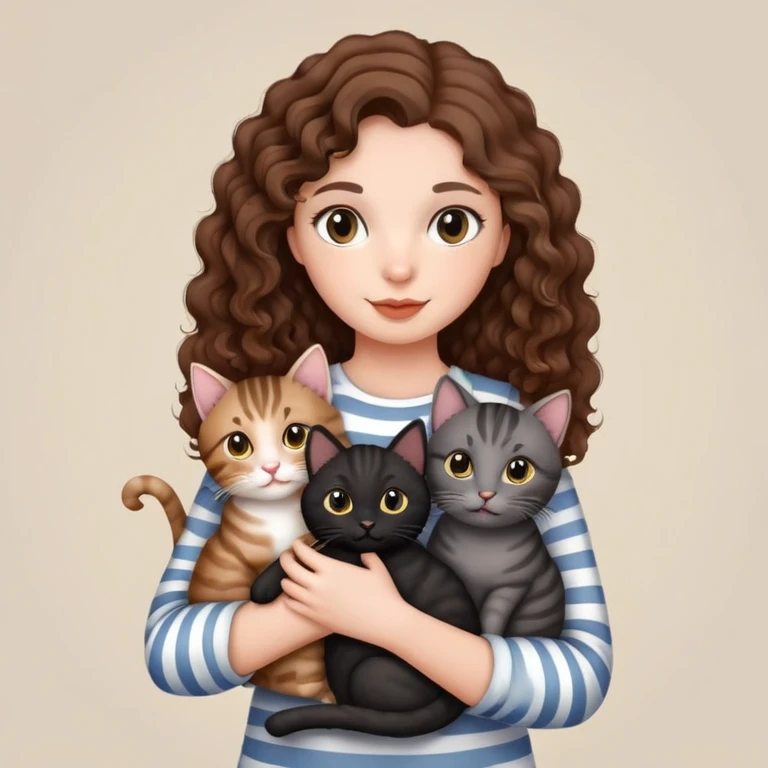 Girl with curly hair holding three cats, one black cat, one grey cat, and one grey-striped cat emoji
