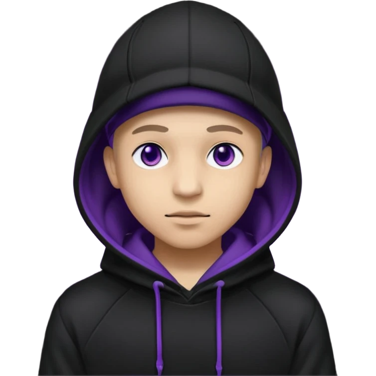 Carton character related to a shadow, with all black clothes, focusing a hoodie with his cap on, no visible face because of the darkness, just his purple shadow eyes making a light bloom emoji