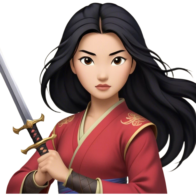 Cinematic Realistic Mulan Portrait, depicted with lifelike skin texture, soft natural lighting, and intricately detailed long black hair styled elegantly. Her deep, expressive eyes exude determination and grace, complemented by a serene yet confident expression. She stands with one hand resting on the hilt of her sword, the other by her side, exuding strength and poise. She is dressed in her classic attire, with rich fabric textures and delicate folds that catch the light beautifully. The portrait features a soft, enchanting glow with a natural, radiant finish, capturing the essence of timeless strength and beauty in a realistic and painterly style, evoking a sense of depth and authenticity. emoji
