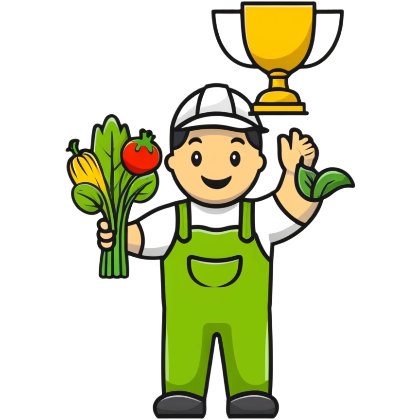 Happy gardener with trophy and prize vegetables emoji