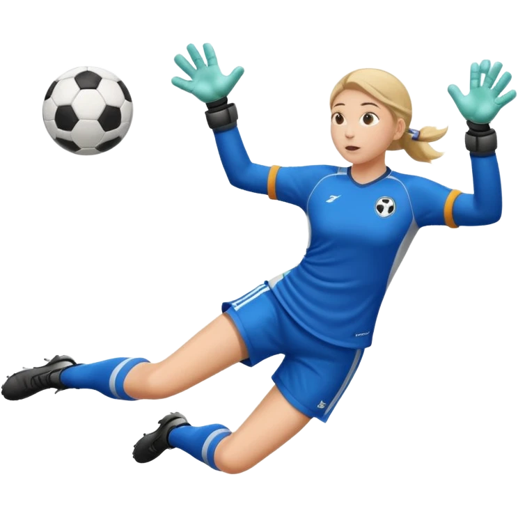 make a girl goalie diving through the air sideways with one soccer ball in both  hands  emoji