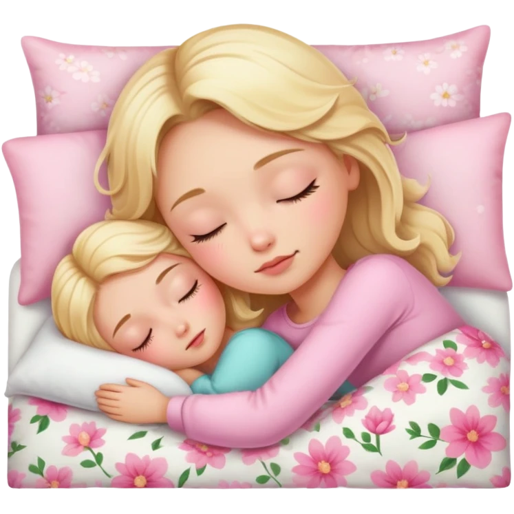 Blonde girl beautiful finish sleeping on her bed with pinky floral design  emoji