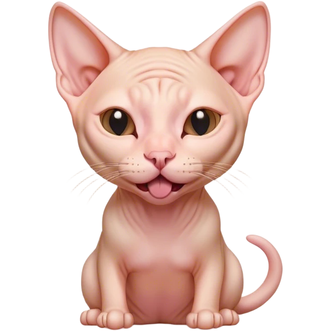 Cinematic Cute Yawning Sphynx Cat Portrait Emoji, Head tilted slightly with a dramatic, wide-open yawn, delicate, hairless skin in soft peach and pink tones, long, elegant limbs stretching lazily, piercing almond-shaped eyes that are barely open, Simplified yet irresistibly adorable features, highly detailed, glowing with a soft, cozy glow, high shine, relaxed yet expressive, stylized with a touch of whimsy, bright and endearing, soft glowing outline, capturing the essence of a sleepy yet affectionate kitty, so drowsy it feels like it could stretch right out of the screen and curl up for a nap! emoji