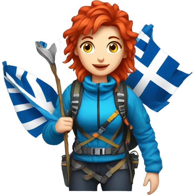 Female winter mountain climber red hair climbing with Greek and EU flags and Easter eggs basket emoji