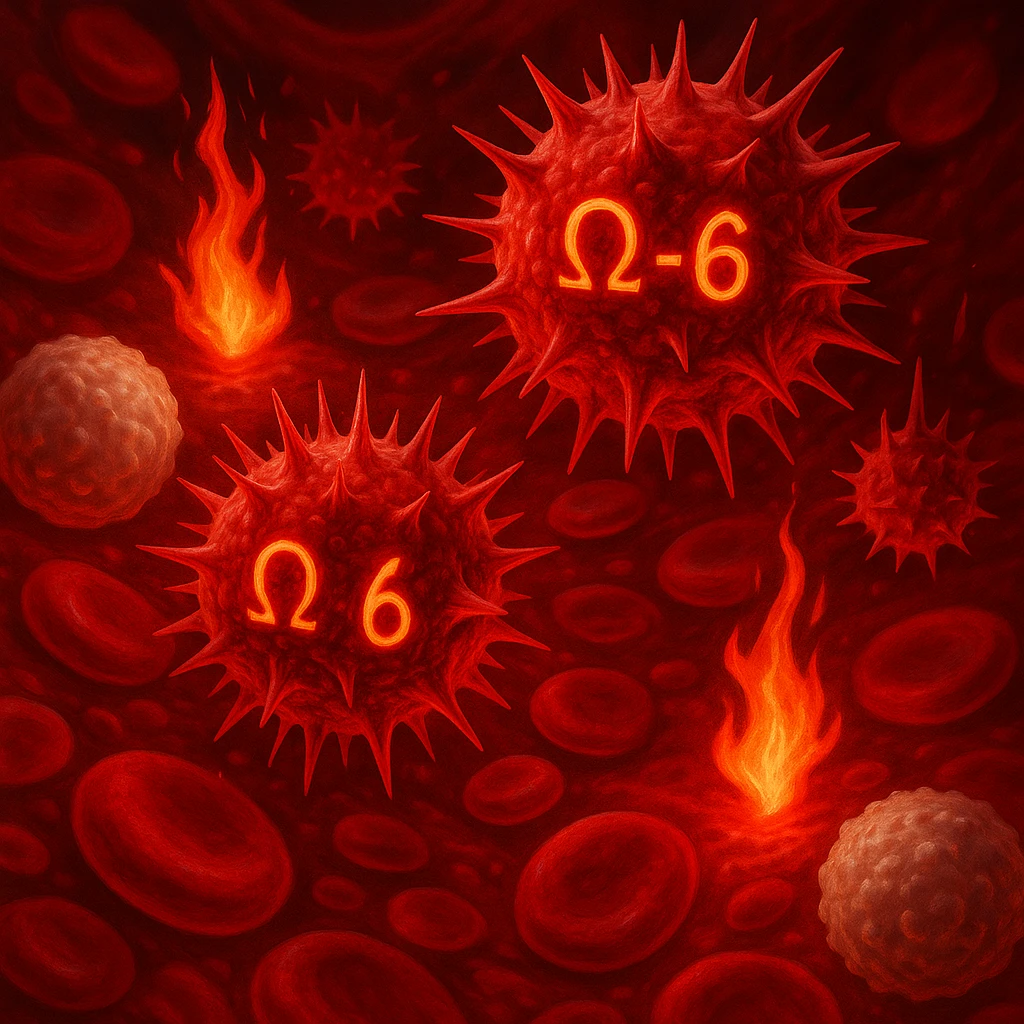 close-up detail in blood: omega-6 molecules shown as spiky, bright red, menacing forms activating inflammatory signals or small flames among healthy cells, white blood cells defending, surreal medical semi-realistic style with red light effects emoji