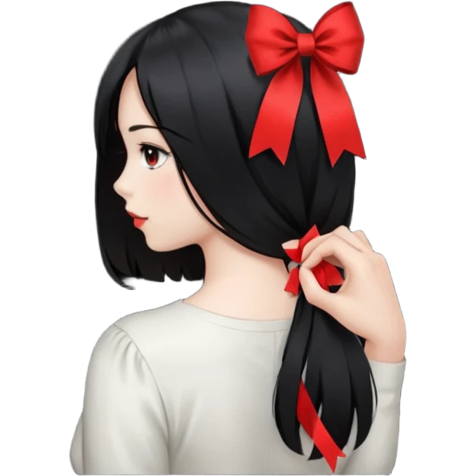girl back view with single red ribbon in black hair emoji