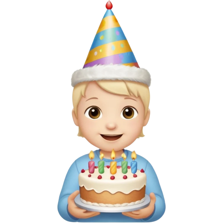 cute baby wearing birthday hat with birthday cake emoji