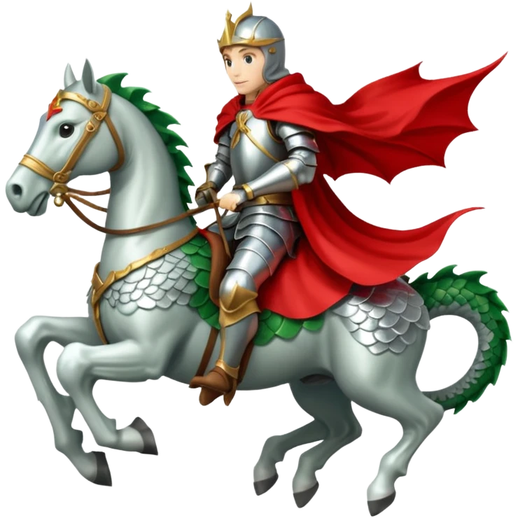 A knight in silver armor with a red cape, riding a white horse atop a green dragon. emoji