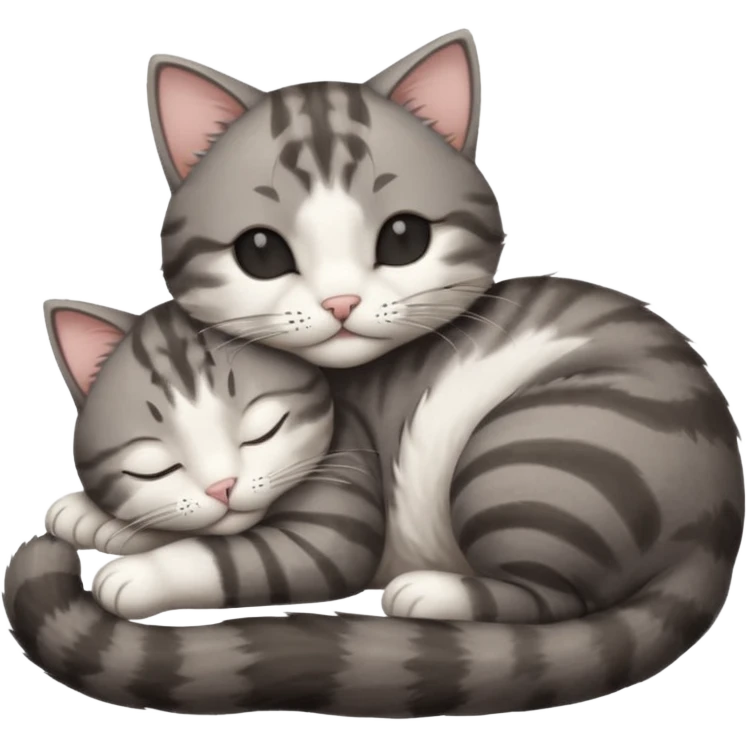 dark grey and white small cat with his eyes closed lying down leaning on its elbow with its paw curled under its head holding it up emoji