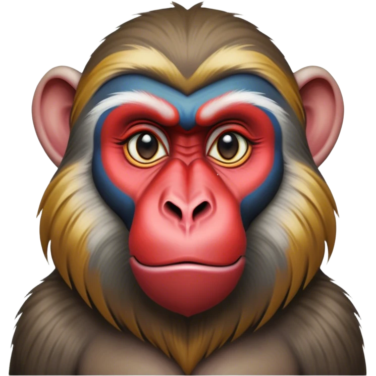Cinematic Noble Mandrill baboon Portrait Emoji, Poised and regal, with a striking, powerful build and a vivid, deep-set soulful eyes, Simplified yet sharp and sophisticated features, highly detailed, glowing with a vibrant, dignified glow, high shine, intelligent and commanding, stylized with an air of exotic majesty, focused and attentive, soft glowing outline, capturing the essence of a watchful and confident primate, so majestic it feels as though it could step out of the screen with effortless authority! emoji