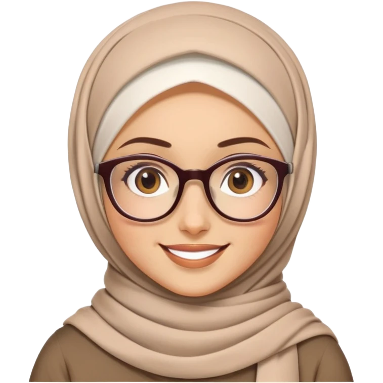 "Create a female character wearing a hijab and glasses. The emoji should have a friendly and expressive face, with a soft smile. The hijab should be neatly wrapped, and the glasses should be stylish yet simple. Use a vibrant yet natural color palette for a warm and approachable look." emoji