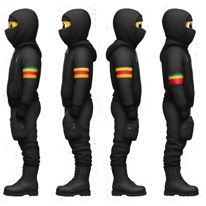 Generate ma a german roadmenwith a gucci bag an fullblack outfit and a ski mask standing full body + legs emoji