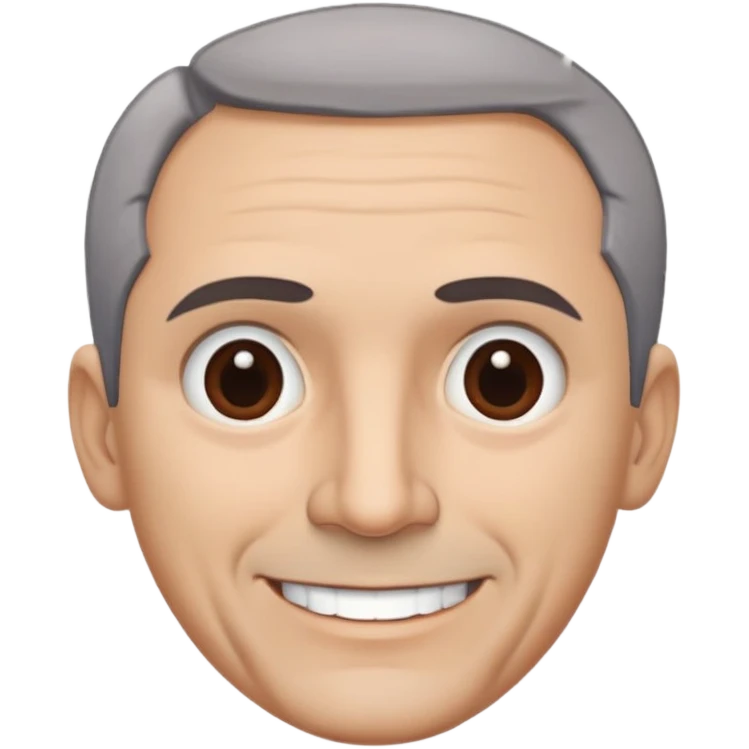 Famous Puerto Rican actor René Monclova with round face, wide jaw, light complexion. Expressive brown eyes, thick eyebrows. Short gray hair with visible receding hairline. Friendly smile. Wearing a dark formal shirt. emoji