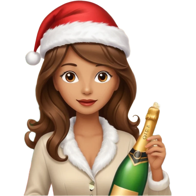 mujer peinandose en la peluqueria y con un gorro de navidad, cabello largo café y ondulado emoji