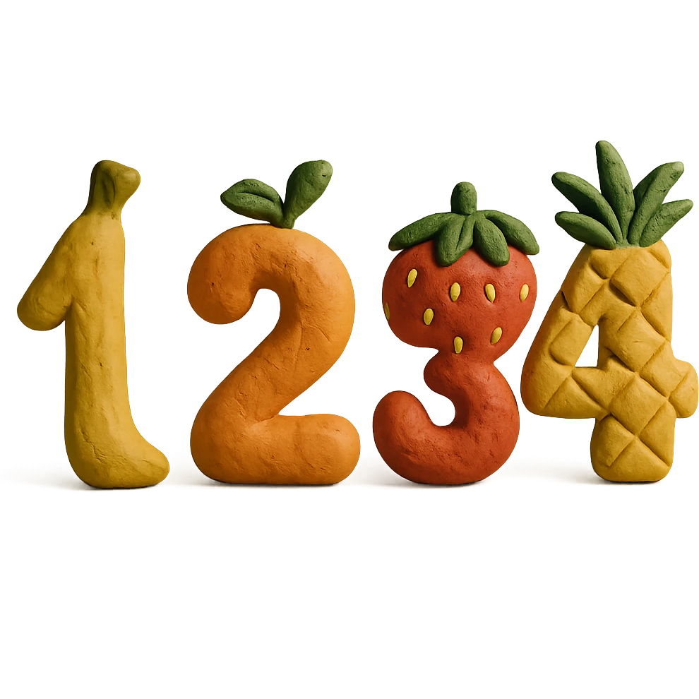 soft and sculpted claymation style numbers as fruit emoji