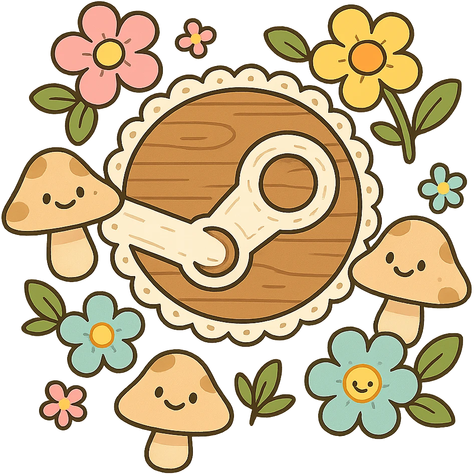 cartoon cottagecore Steam logo made of soft rounded wood, big bubbly lace, pastel flowers, smiling mushrooms, bright playful cozy, no text emoji