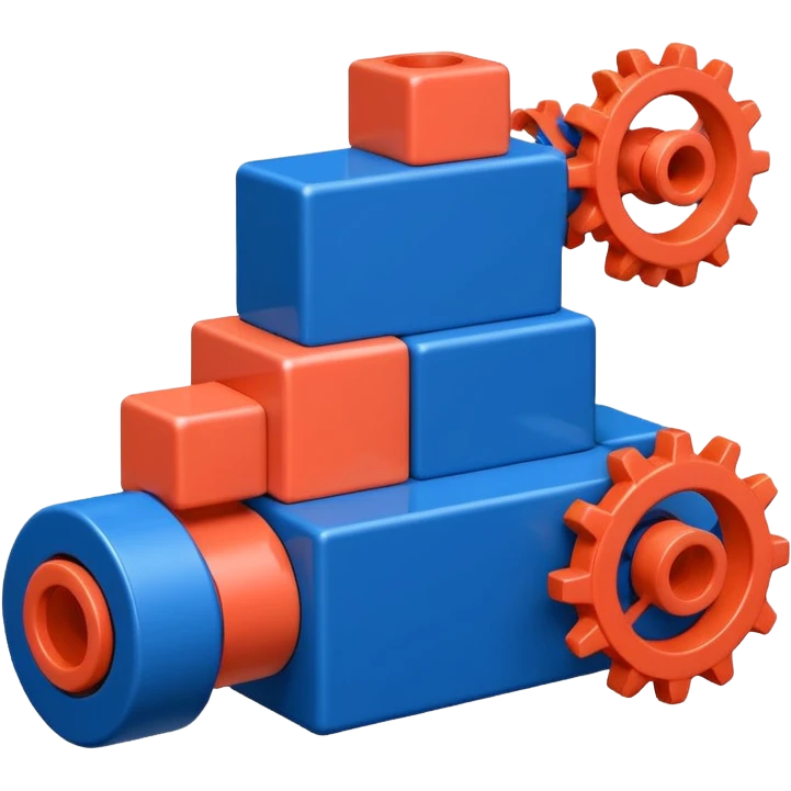 Modern minimal emoji: building blocks + connection flows + gear. Deep blue and coral colors. Professional no-code expert signature. Geometric clean style. emoji