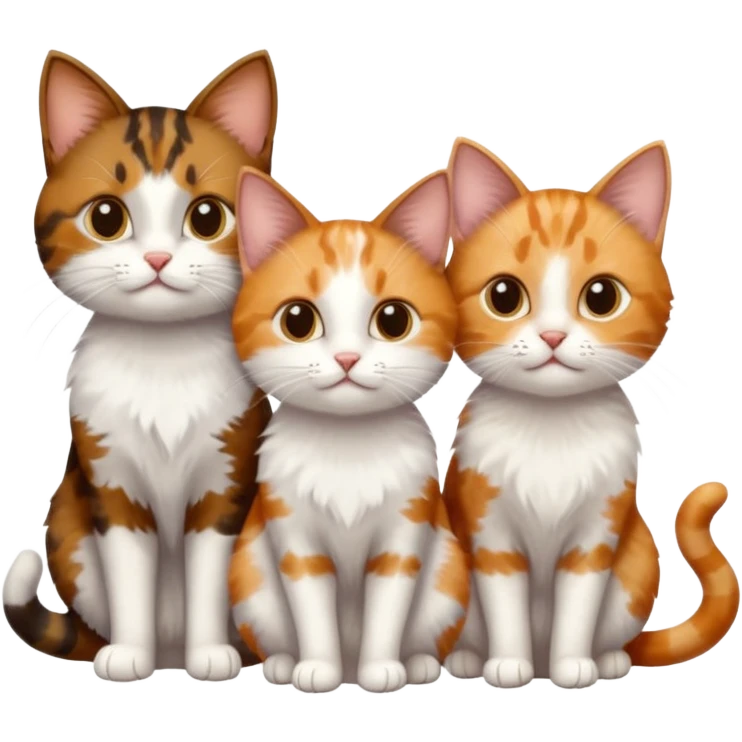 3 different coloured small cats including a dark brown tabby and white, and a patchy calico, and a ginger and white emoji