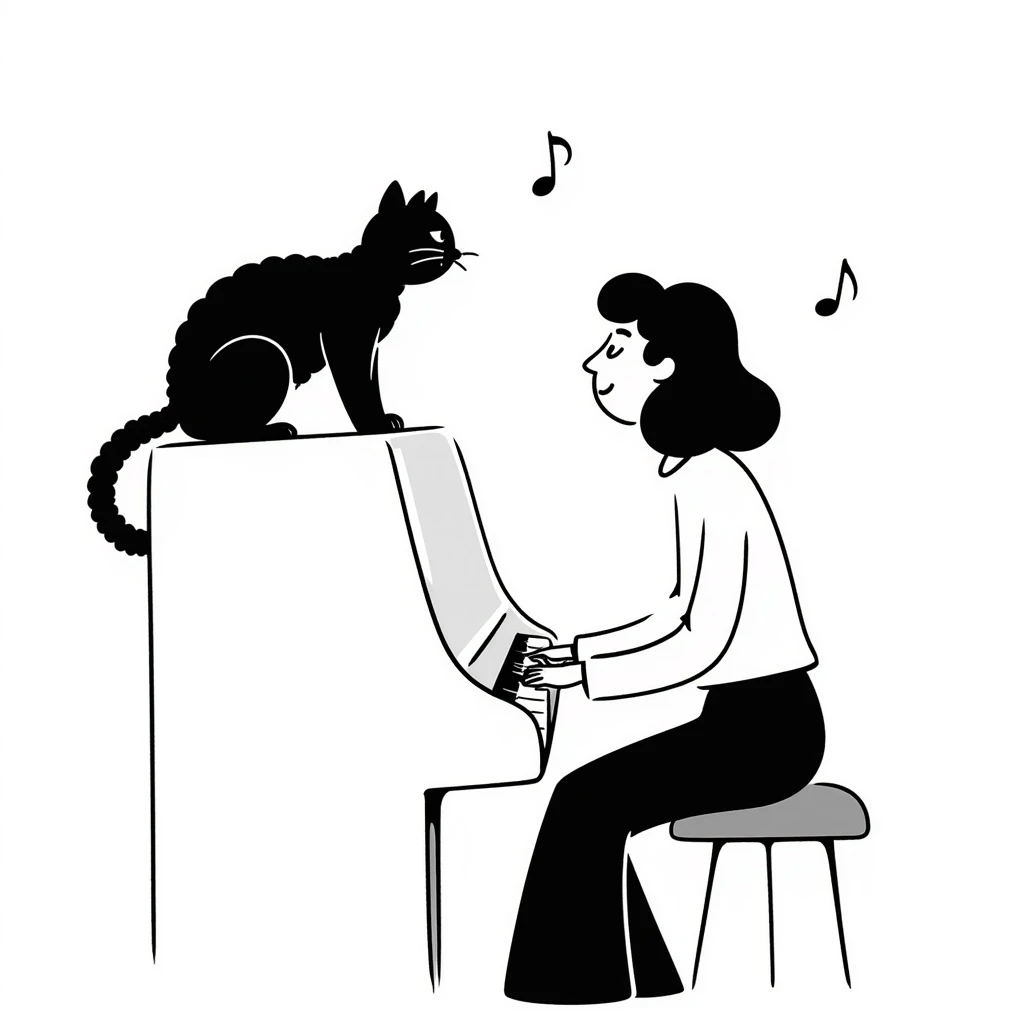 woman playing piano while her cat sits on top of the piano emoji