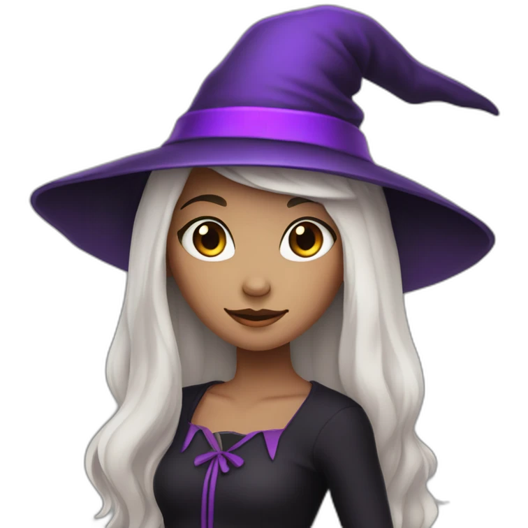 a young white brown thin girl with straight black hair dressed as a witch with purple hat emoji