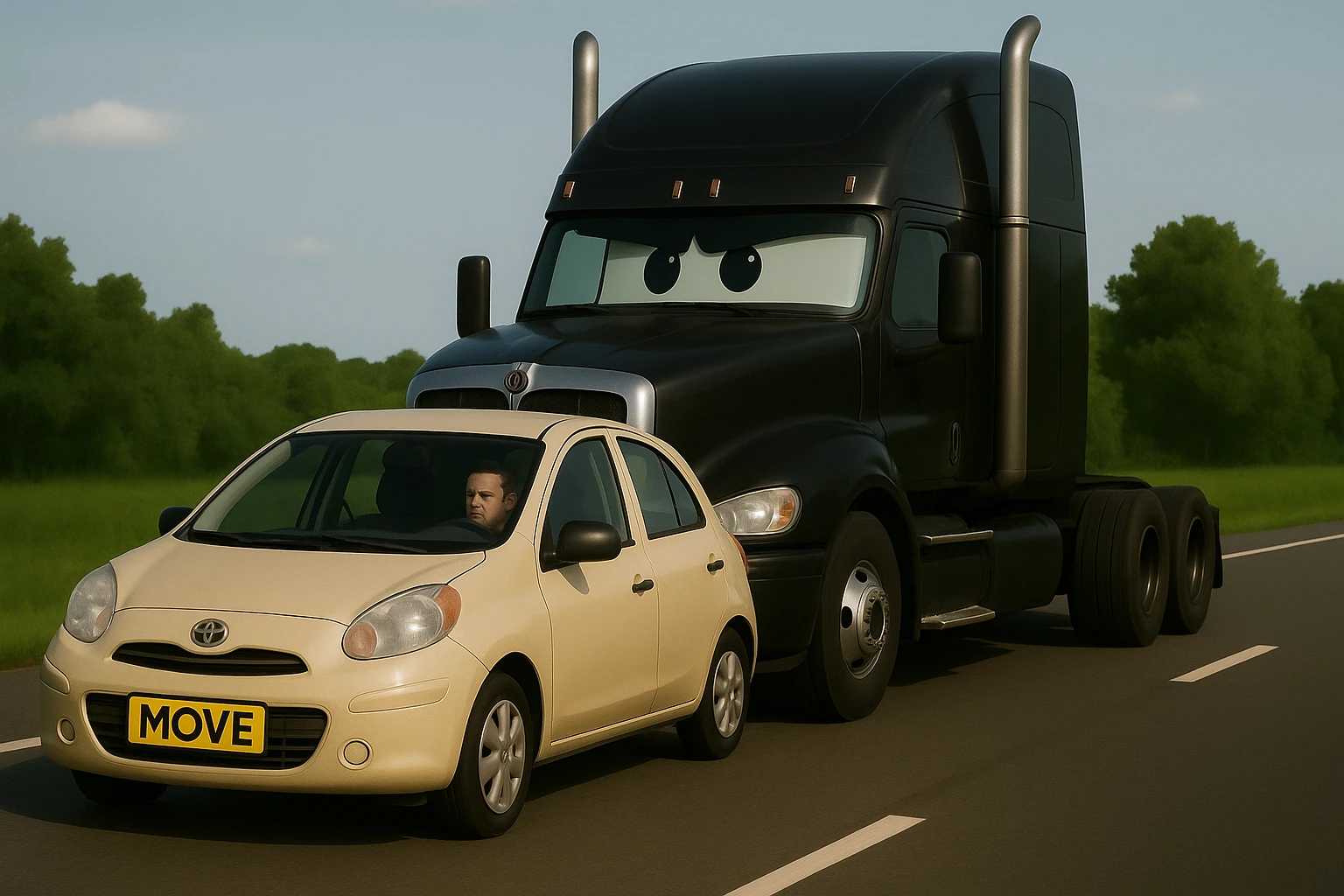 Remove the trailer from the black semi truck, keep the rest of the scene the same, with a person visible in the car in front. emoji