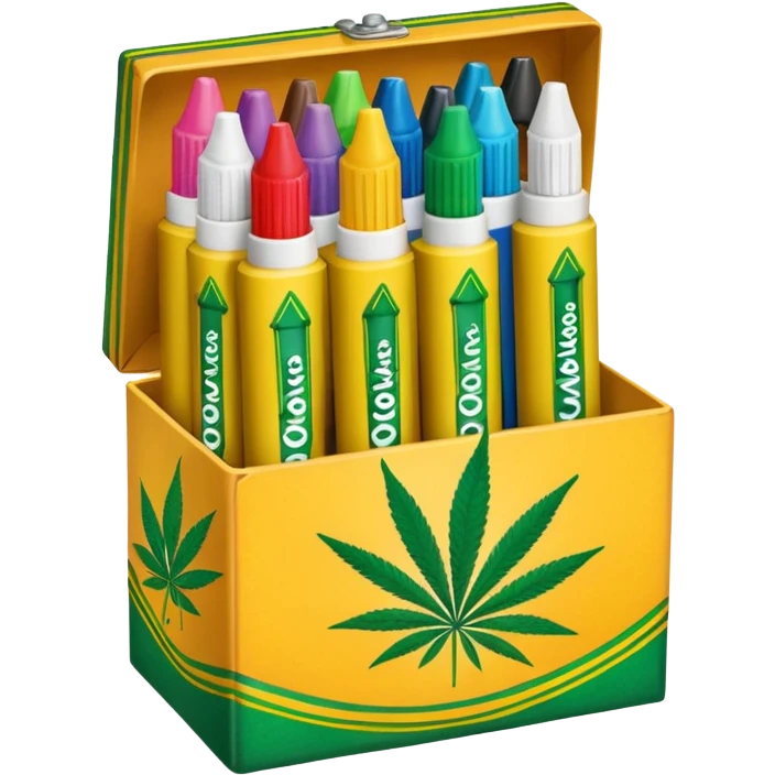 a box of crayola permanent markers with cannabis leaf emoji
