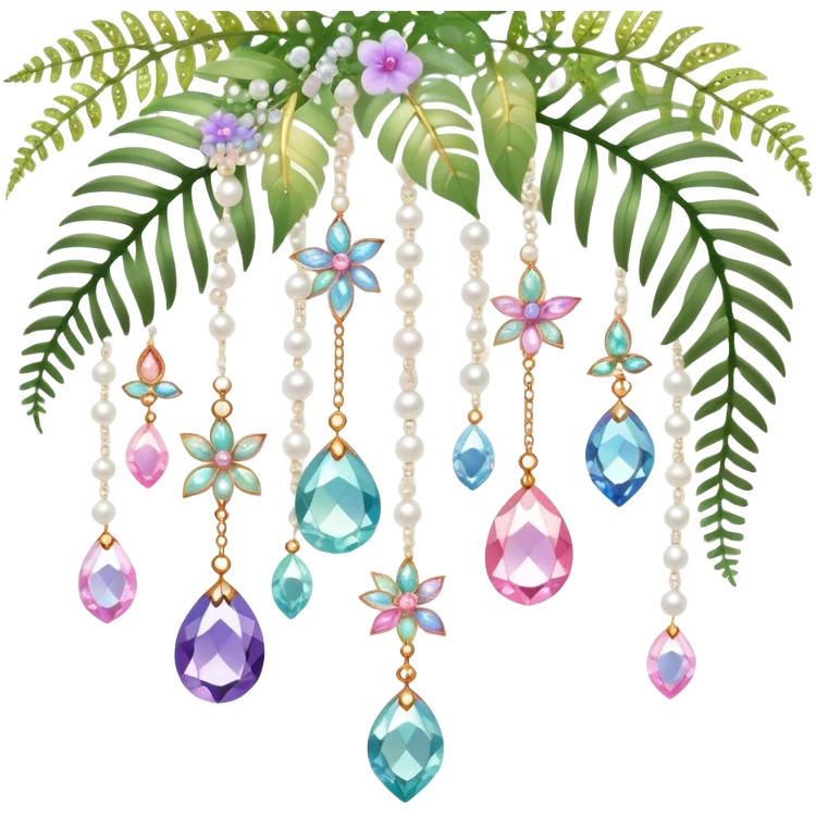 Exotic romantic pretty pastel Few cute tiny Iridescent glistening glossy sparkly shiny glittery hanging crystals pearls and beads and gemstones scenery scenic decorations with vines and ferns and flowers emoji
