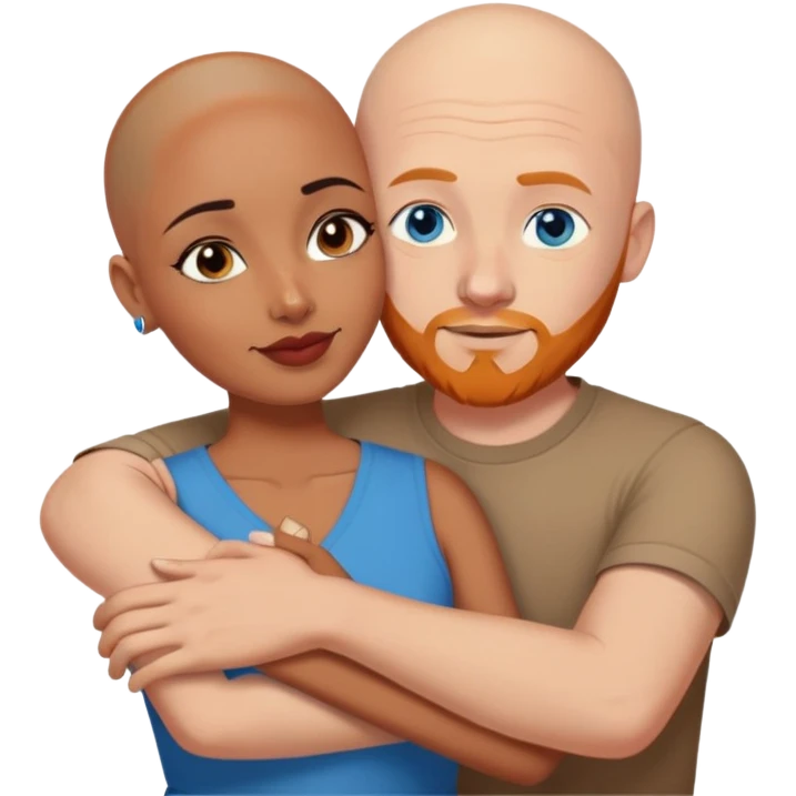 Bald white male with ginger beard and blue eyes hugging indian brown woman with short DARK black hair emoji