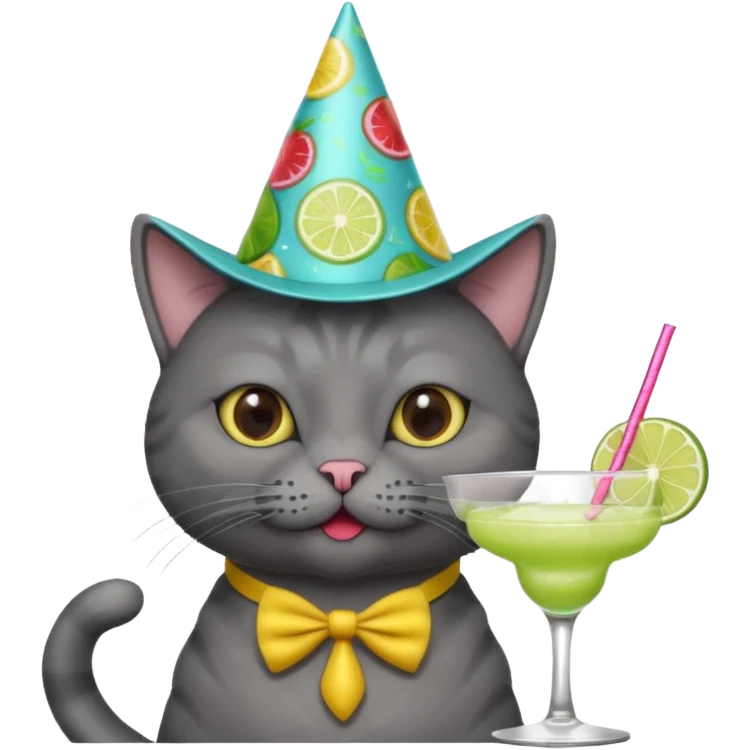 An old, dark grey cat is wearing a party hat, and drinking a margarita. emoji