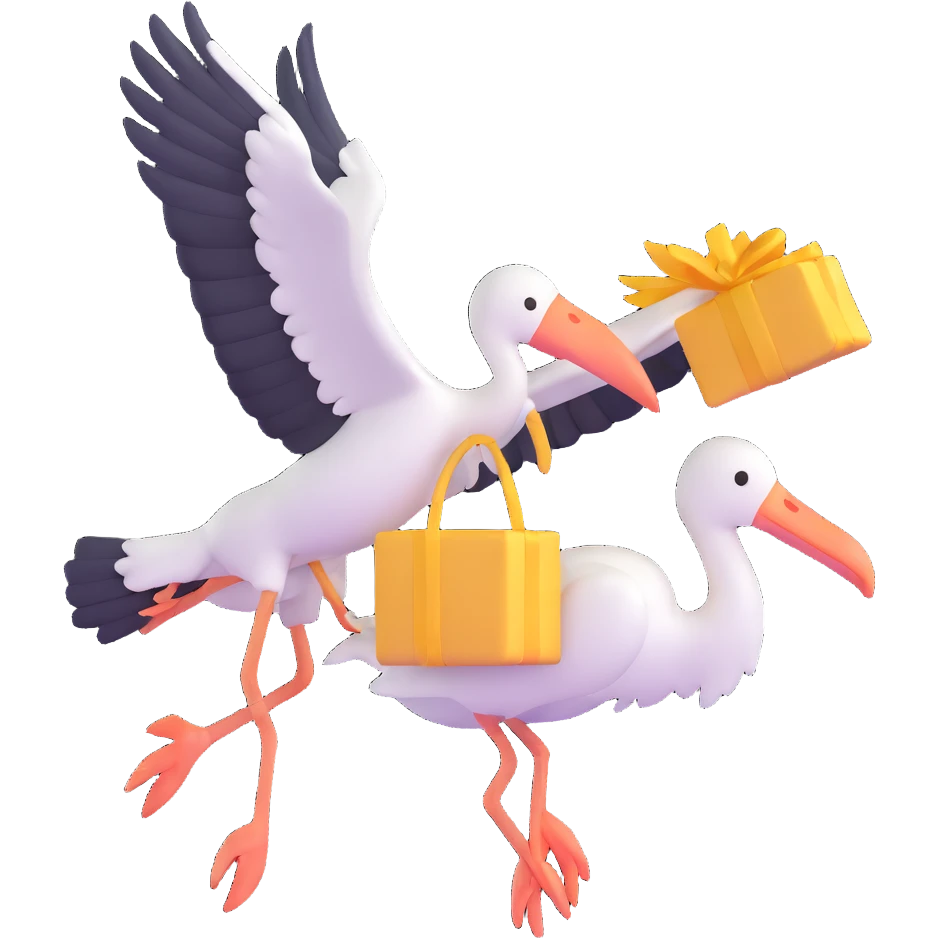 stork flying with a human baby in a bundle, close-up emoji